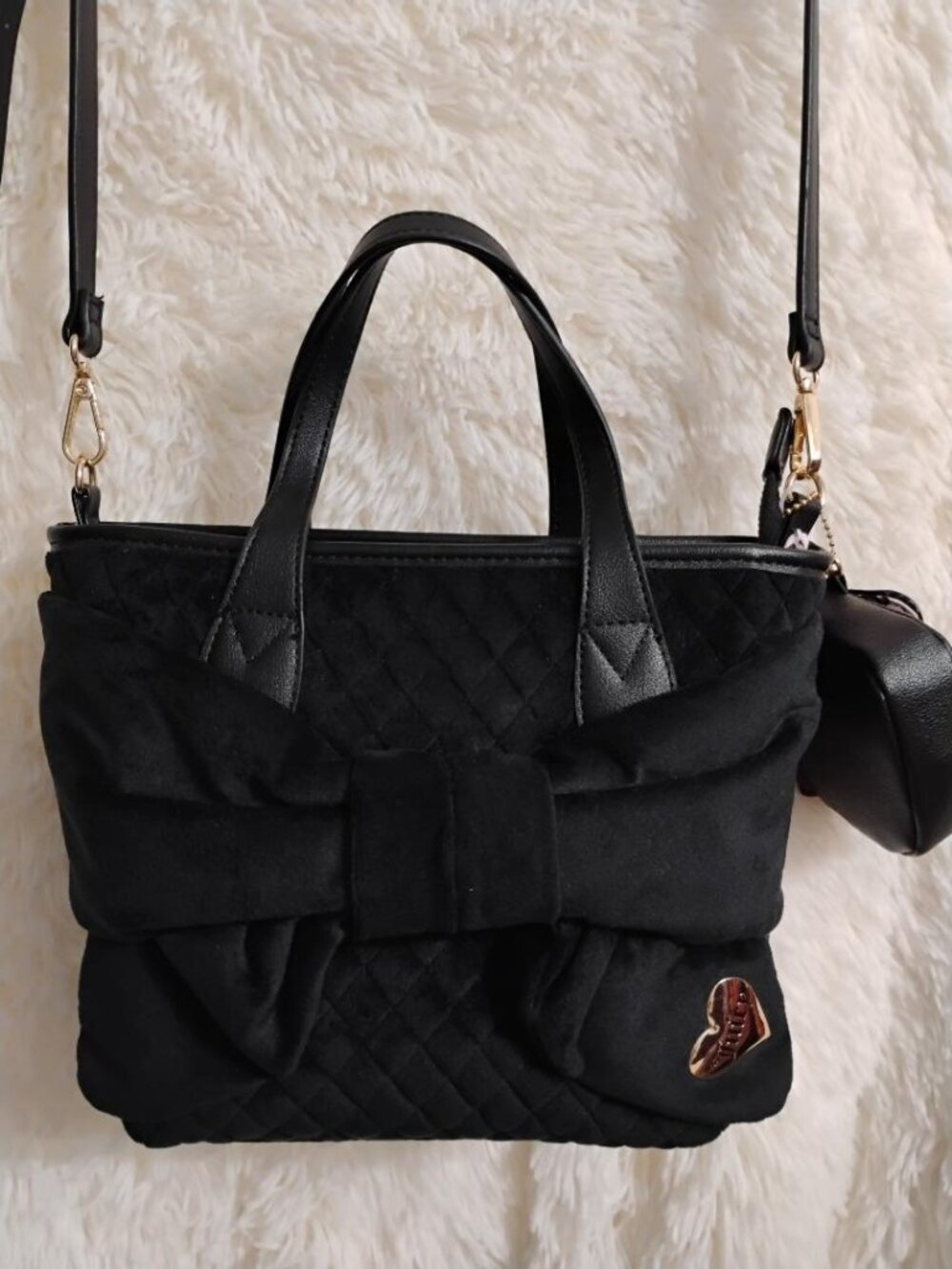 Juicy Couture Black Velvet Bow Mini Tote Crossbody Quilted Bag Charm NWOT